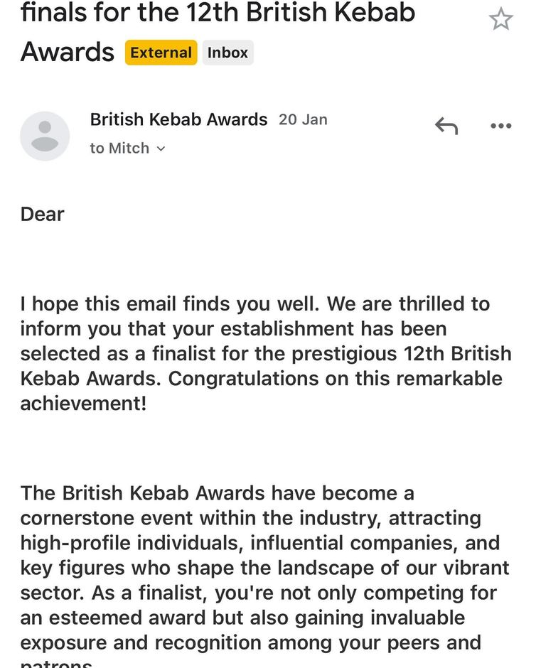 Email Sqew founder Mitch received telling him they'd been selected as a finalist in the 12th British Kebab Awards.
