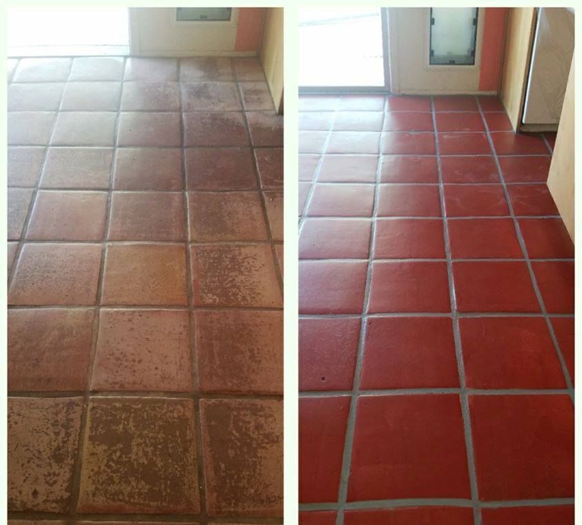 A before and after photo of a tile floor