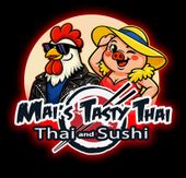 Logo for Matt&rsquo;s Tasty Thai and Sushi with a chicken and a smiling woman in a yellow hat on a dark background