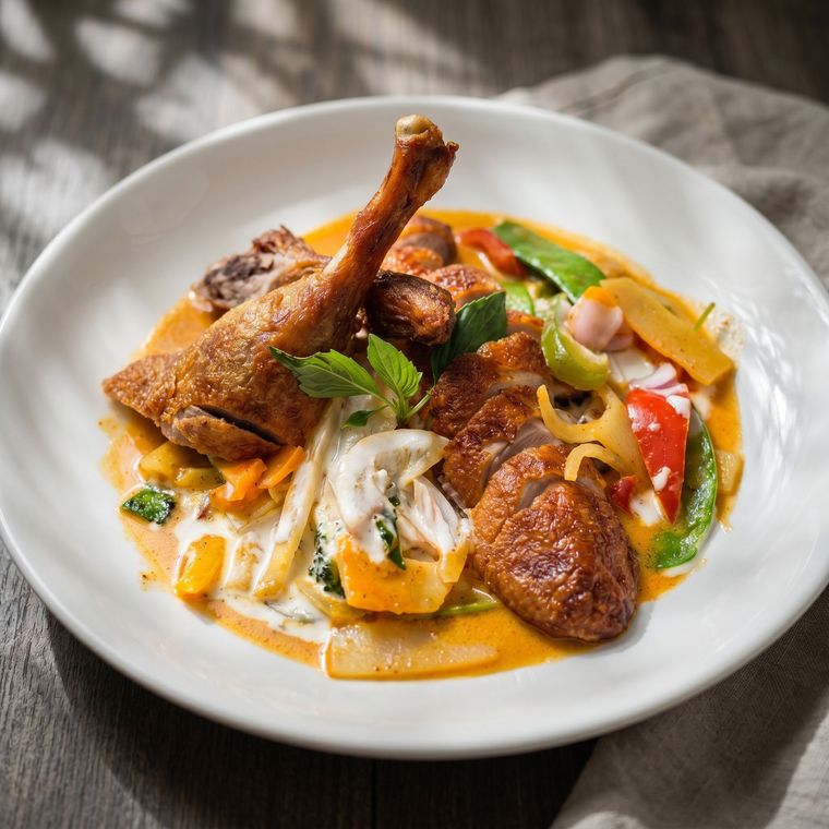 Roasted chicken and vegetables in creamy sauce on a white plate