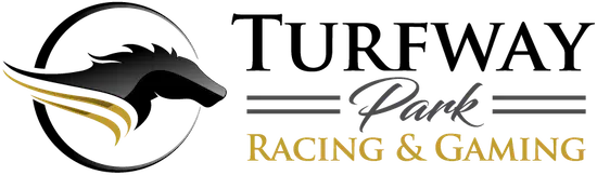 Turfway Park logo: A black horse head with gold wing accents in a circle, text "TURFWAY Park" and "RACING & GAMING".