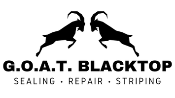 Logo: Two black goat silhouettes above "G.O.A.T. BLACKTOP" with services listed below: "SEALING - REPAIR - STRIPING".
