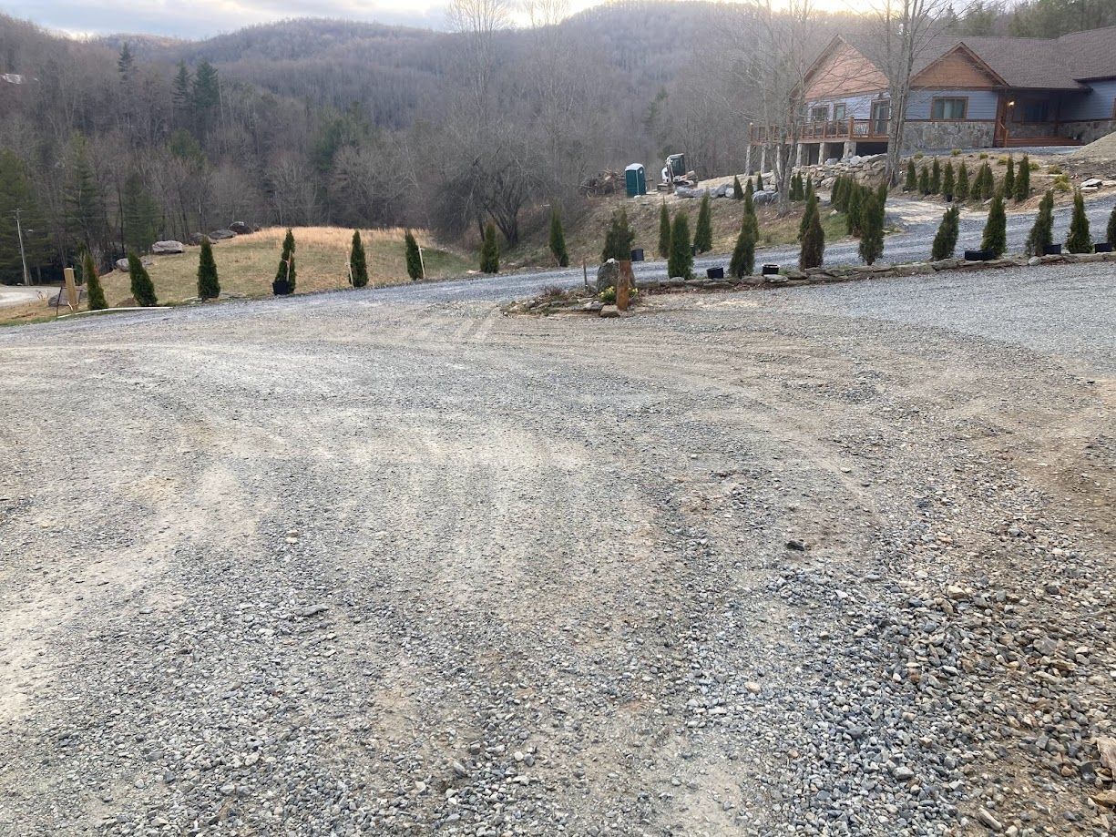 Gravel driveway leading to a house with young evergreen shrubs on a hillside under a cloudy sky