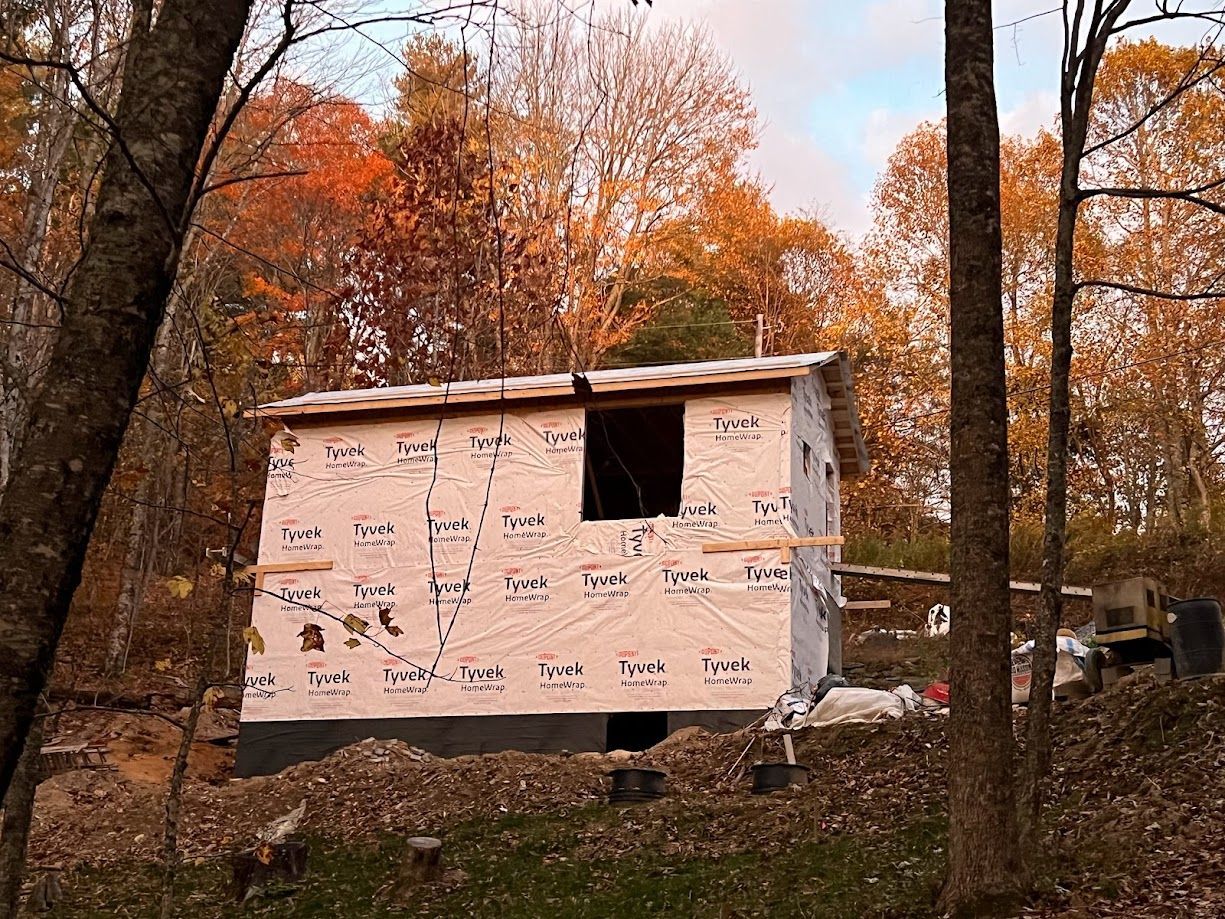 Small unfinished beige shed in a wooded area with autumn trees and fallen leaves