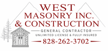 Logo for West Masonry Inc. & Construction, with house icon and phone number 828-262-3702