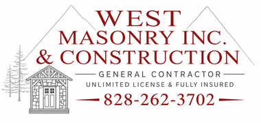 Logo for West Masonry Inc. & Construction, with house icon and phone number 828-262-3702