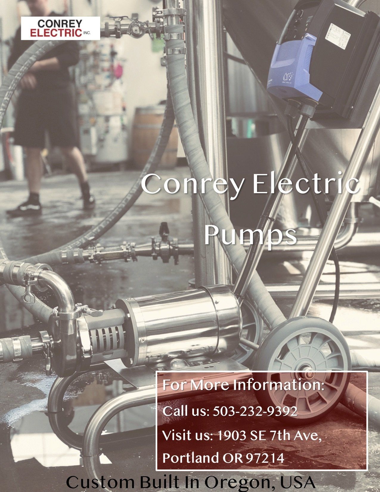 Conrey Electric Pumps advertisement: equipment in brewery with contact info.