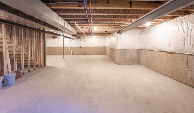 Waterproofed basement with moisture protection system installed