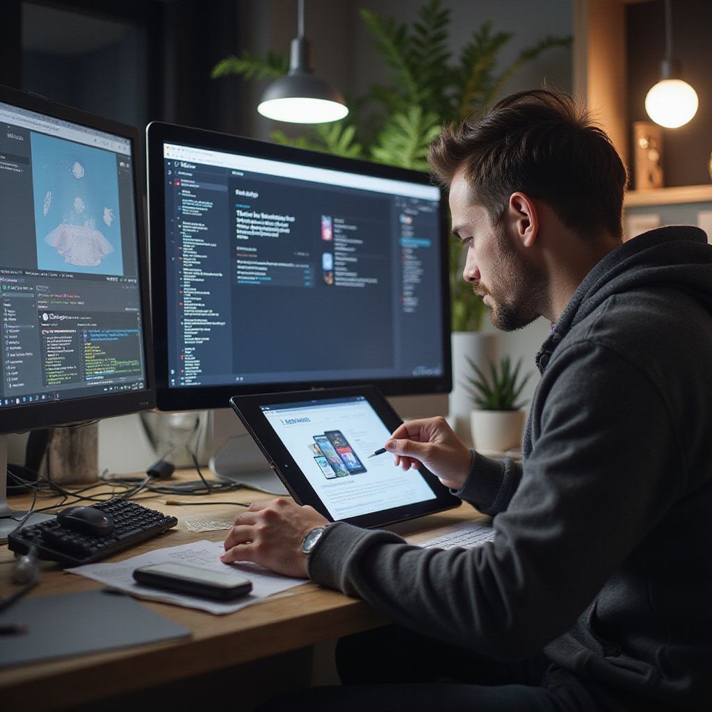 Man working at a desk with two monitors and a tablet, reviewing code and design at night.
