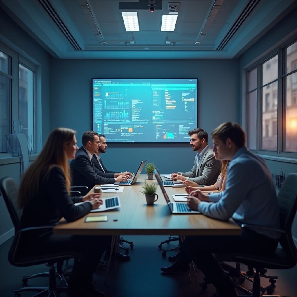 People in suits at a conference table with laptops, looking at a large screen displaying data, in a modern office.