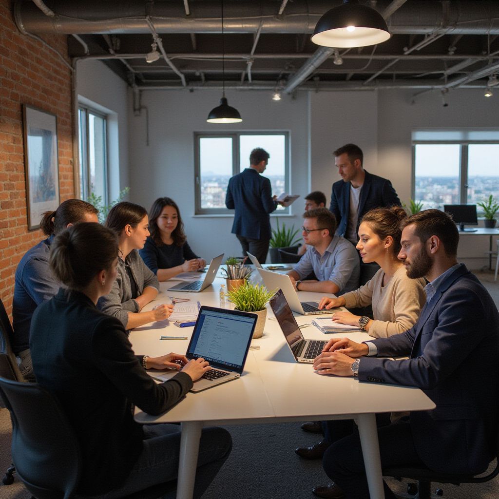 Business meeting around a large table; people working on laptops in a modern office.