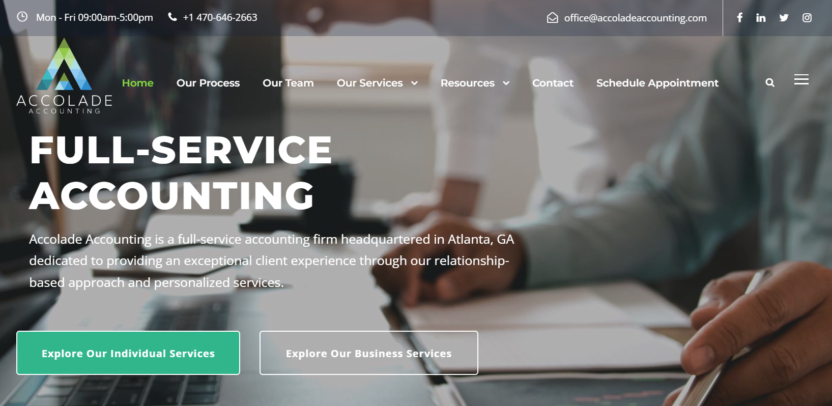 Website promoting full-service accounting; featuring a desk with papers and someone working, and contact buttons.