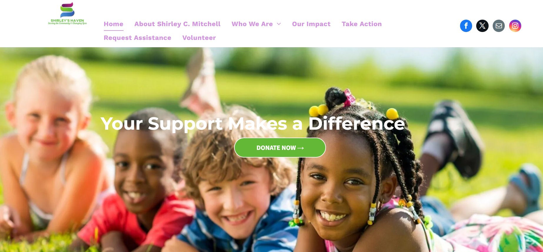 Smiling children on green grass with the words,