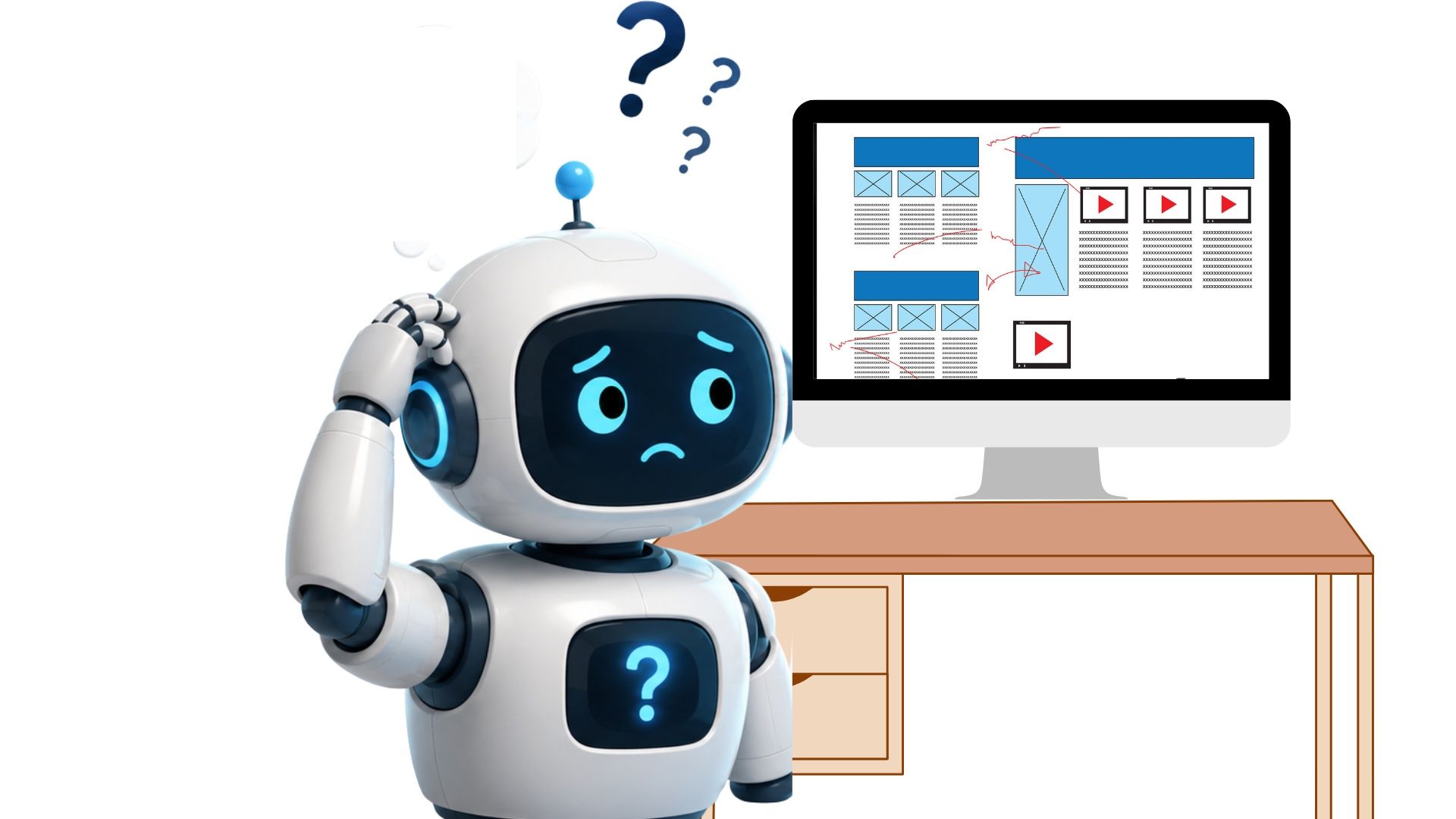 A confused robot sitting at a desk, looking at a computer screen with question marks above its head.