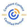 Constant Contact Certified Partner logo, blue and orange concentric circles, with text “Constant Contact” and “Certified Partner”, with “2023” and “2024”.