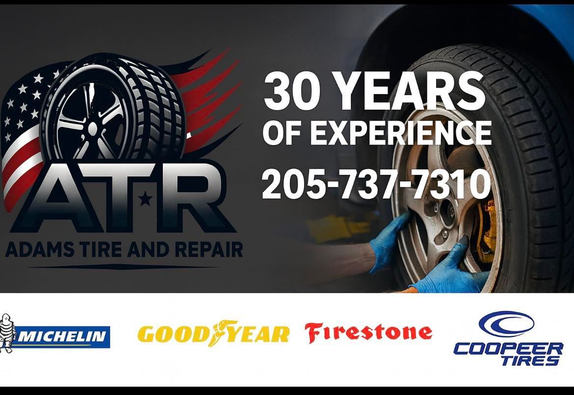 Advertisement for Adams Tire and Repair: Tire with American flag, phone number, and tire brands.