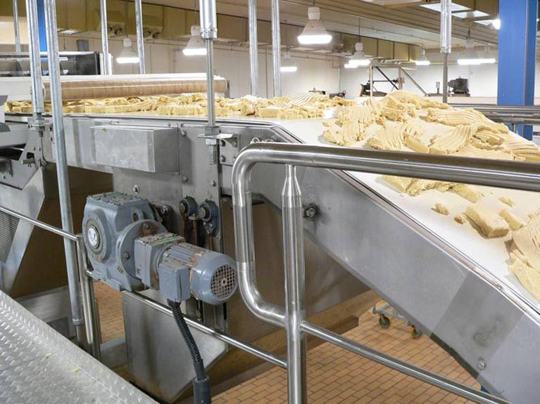 A conveyor belt filled with food in a factory.