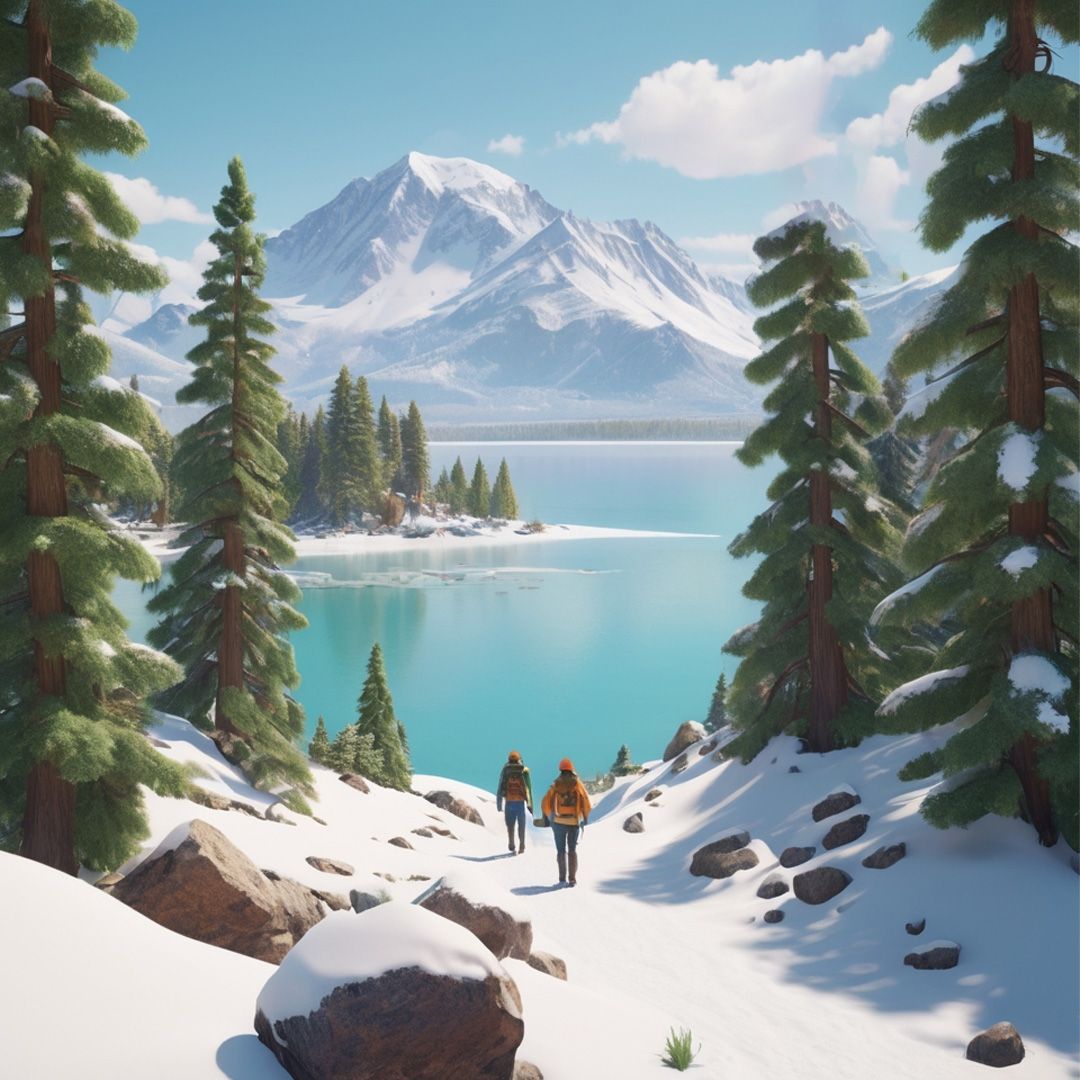 Two people are walking in the snow near a lake with mountains in the background.