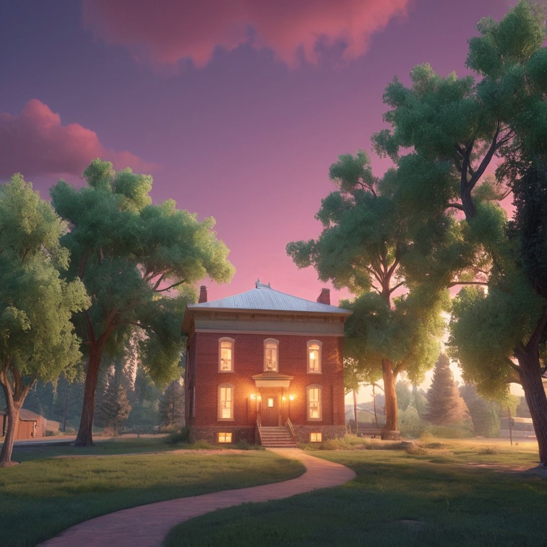 A large red brick house is surrounded by trees at sunset