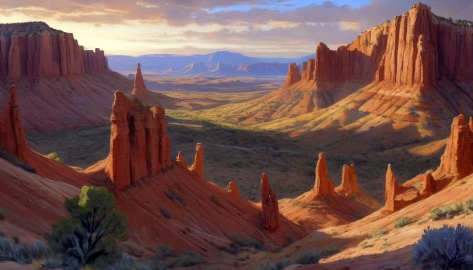 A painting of a desert landscape with mountains in the background