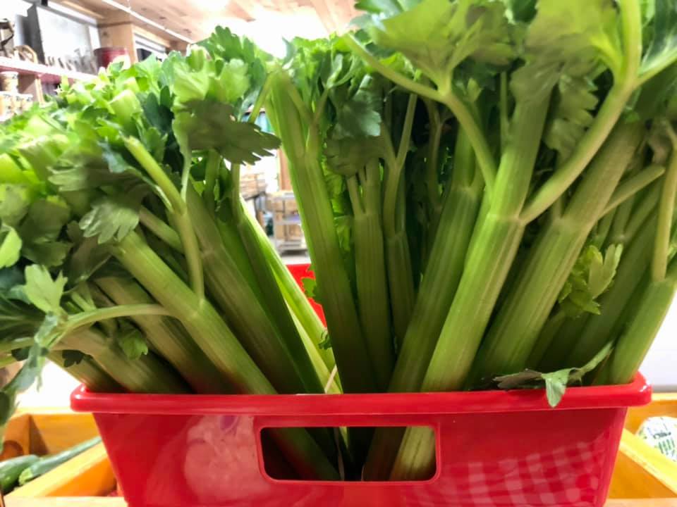 A bunch of celery is sitting in a red basket.