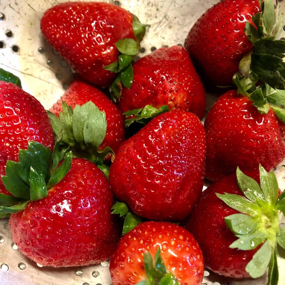 A bowl of strawberries with green leaves on them
