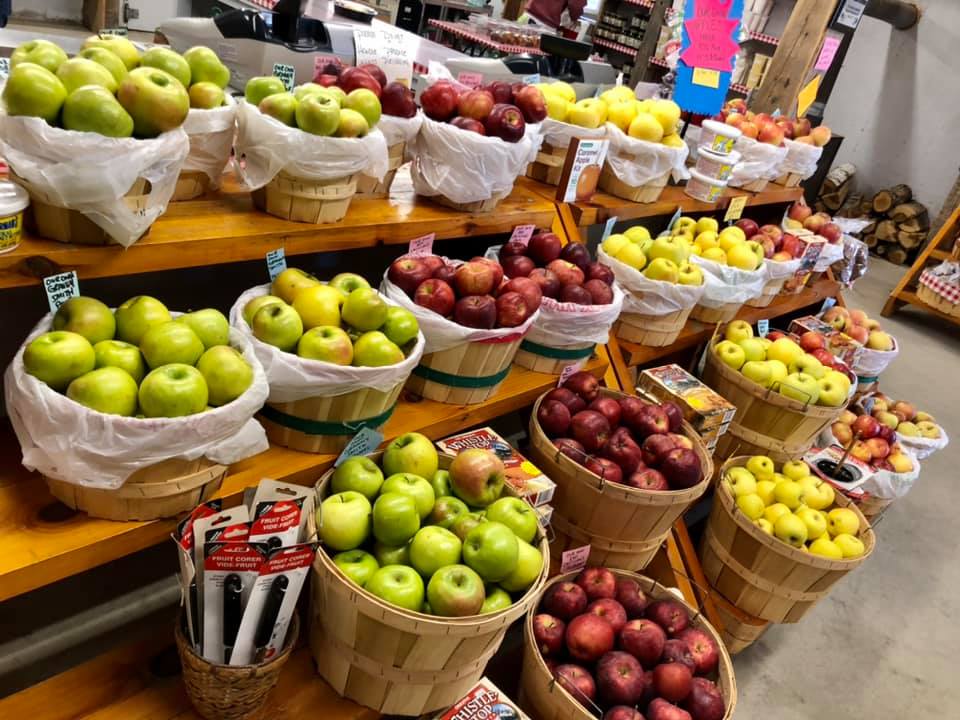 A bunch of baskets filled with apples are on a shelf.