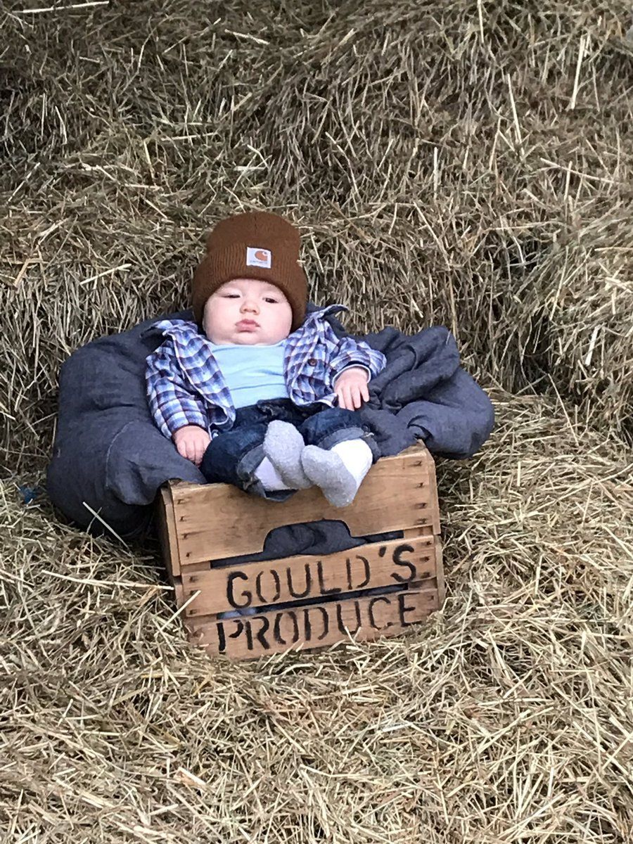 A baby is sitting in a wooden box in a pile of hay.