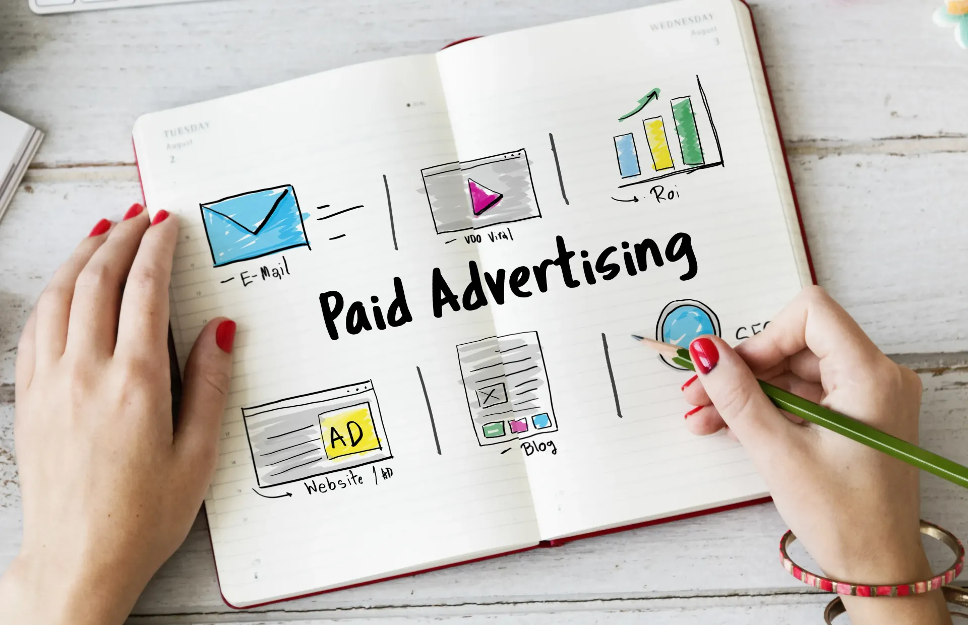 A woman is writing in a notebook about paid advertising