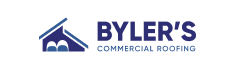 The logo for byler 's commercial roofing shows a house with a roof.