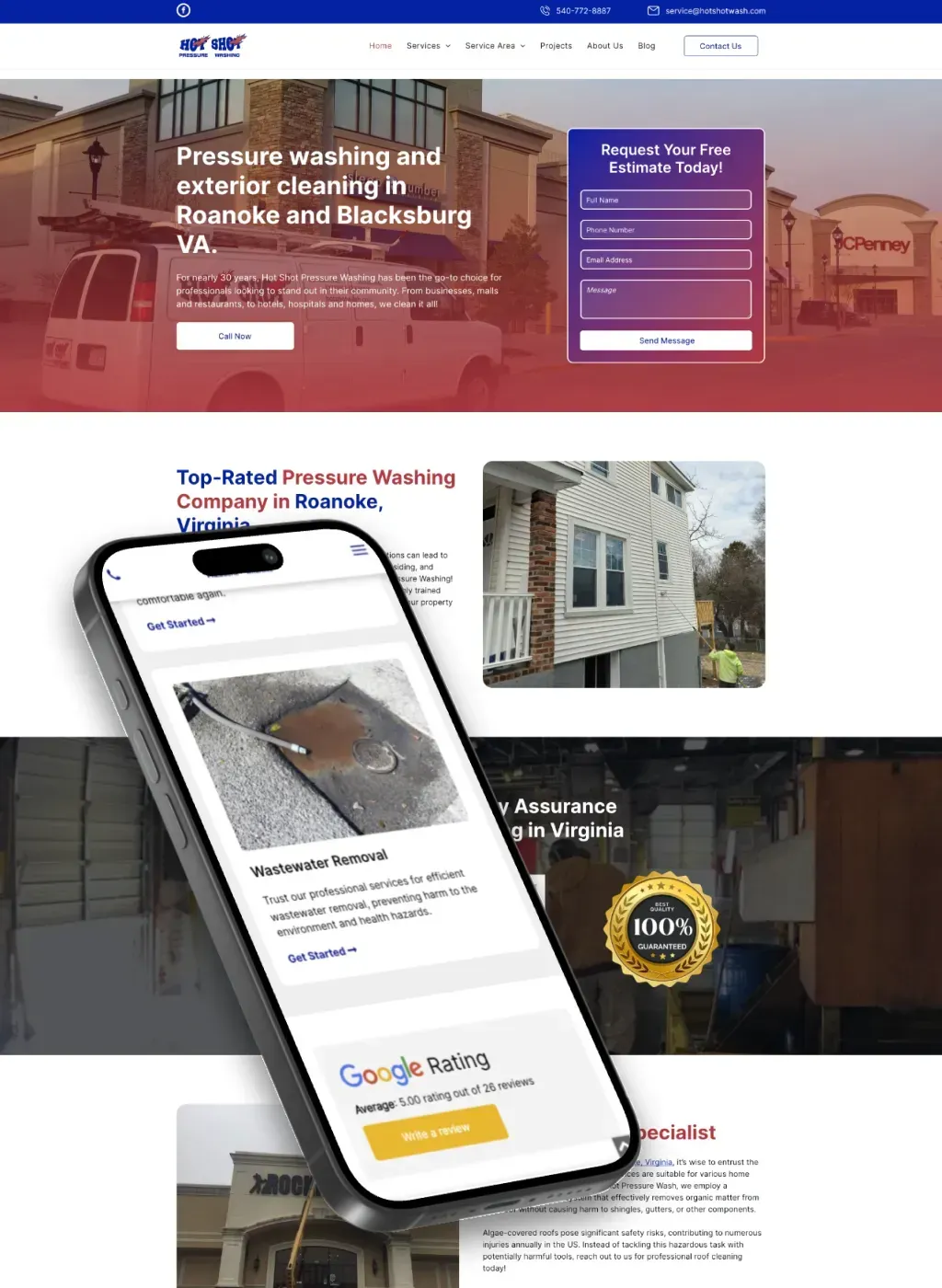 A phone is sitting on top of a landing page for a pressure washing company.