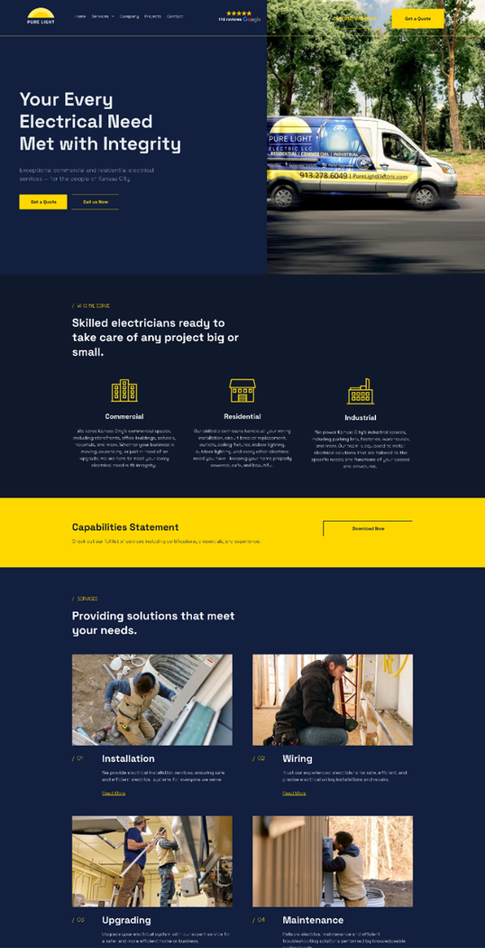 A landing page for a construction company with a van on the road.