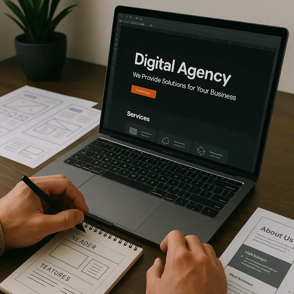 A person is using a laptop computer with a digital agency website on the screen.