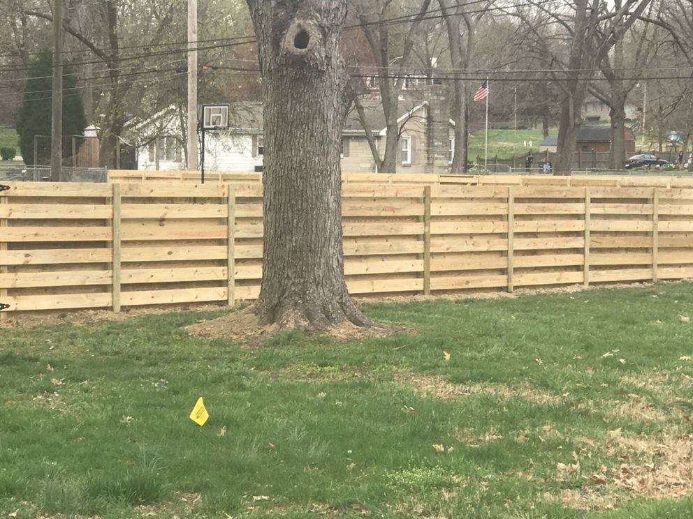 A wooden fence with a tree in the middle of it