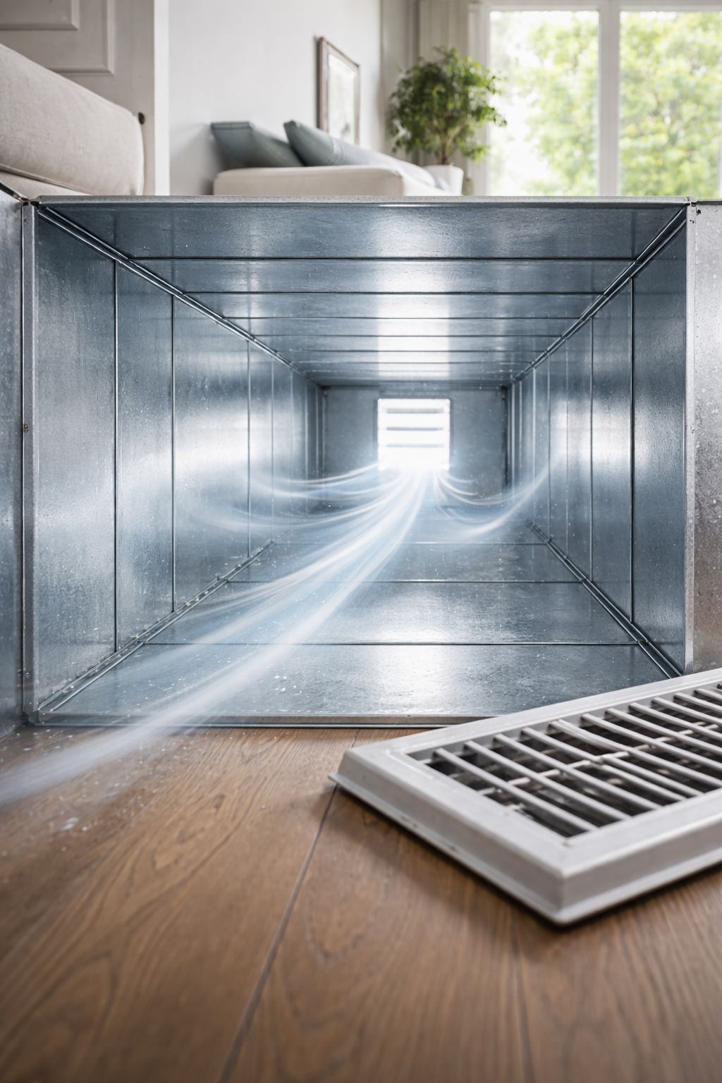 Air duct with visible airflow, next to a floor vent.
