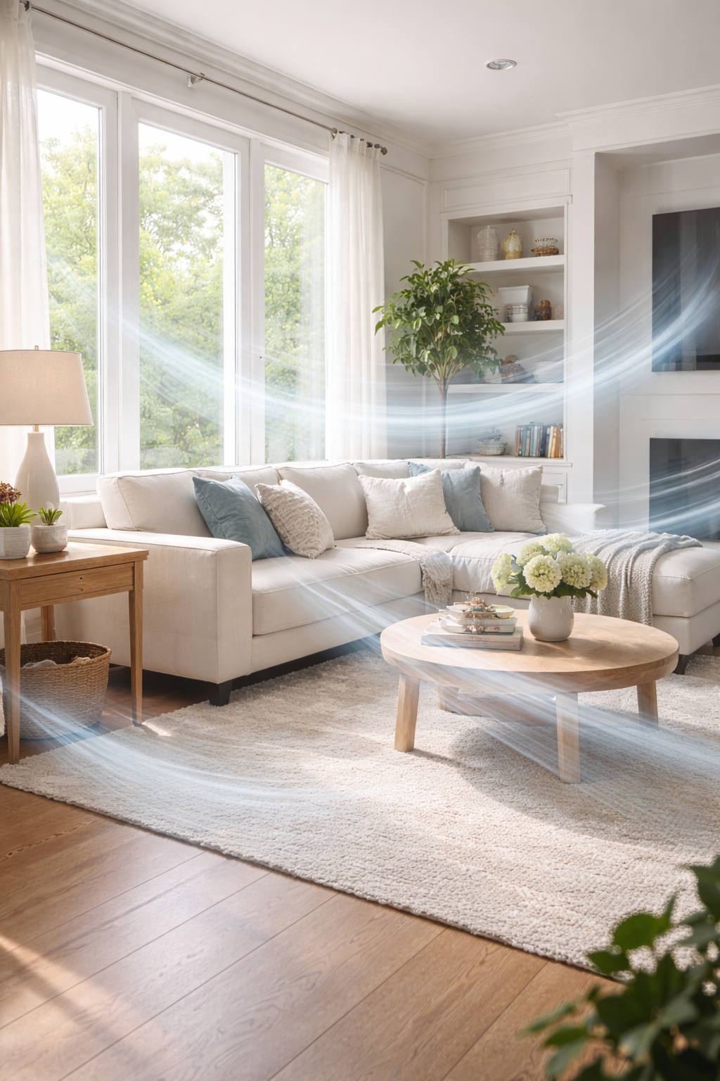 Bright living room with white sectional sofa, large windows, and an air current graphic.