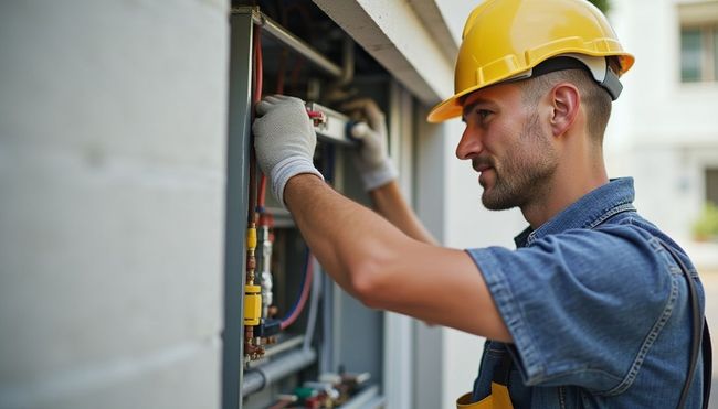 Electrician in yellow hard hat working on wires in a gray electrical panel outdoors.