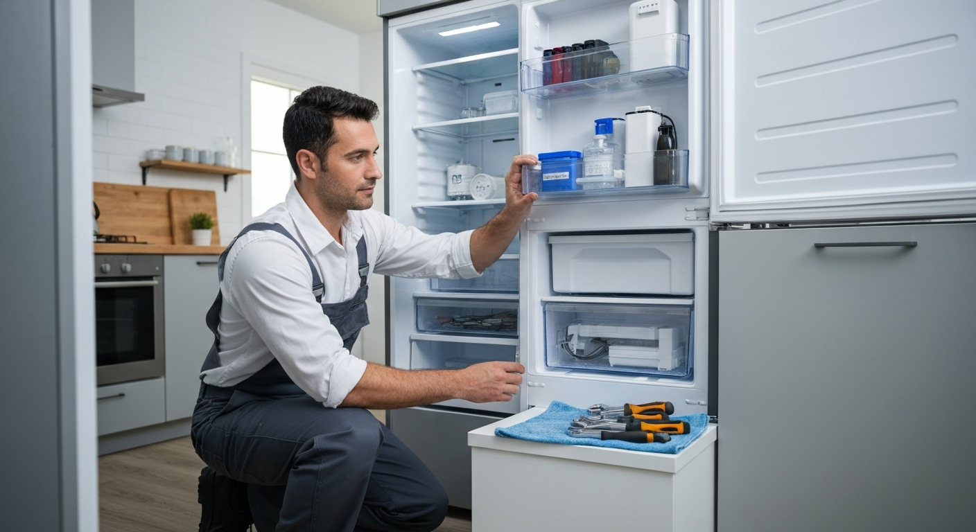 Man kneels by an open refrigerator, inspecting the empty shelves and frozen drawer in a modern kitchen.