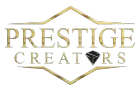 Gold-colored text "PRESTIGE CREATORS" featuring a black diamond icon in place of the letter "A," set inside gold borders.