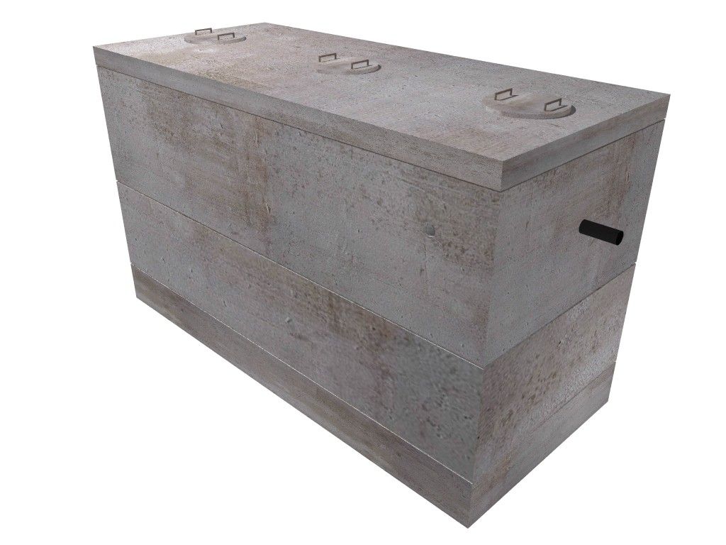 Gray concrete utility box with metal lifting rings on top and a side handle slot.