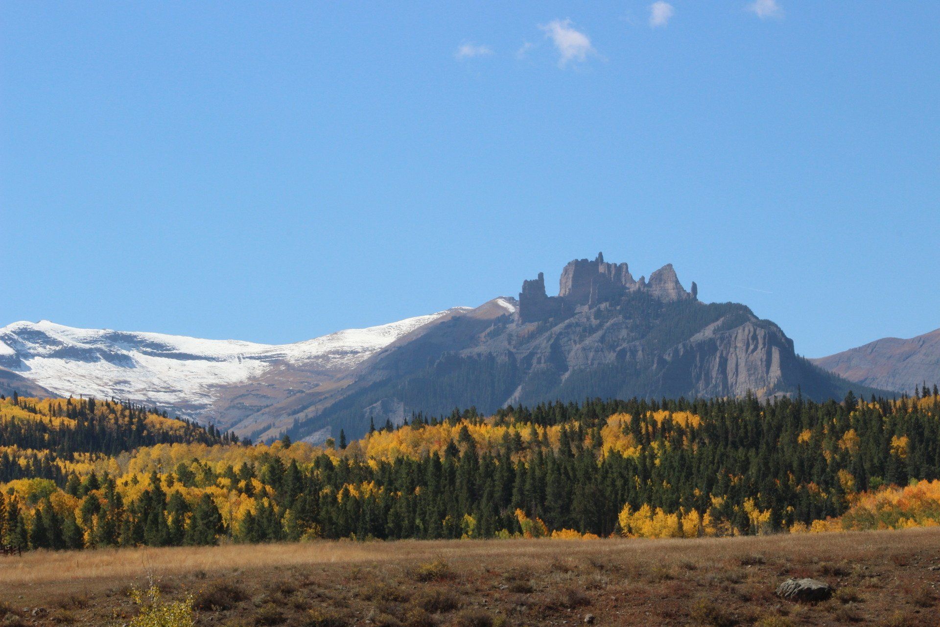 Snowy mountain peaks above a golden autumn forest under a clear blue sky.