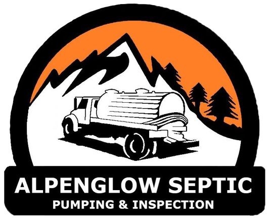 Alpenglow Septic logo with truck, mountains, and trees; text: “Pumping & Inspection”