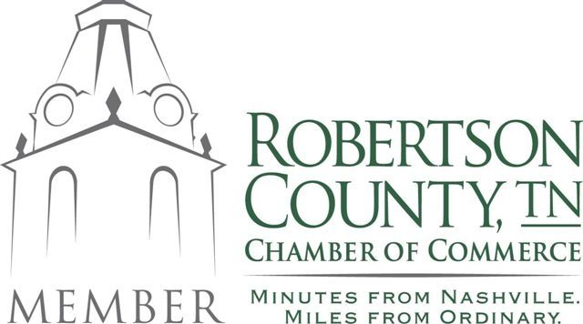 Logo for Robertson County, TN Chamber of Commerce. Features courthouse outline and text: 