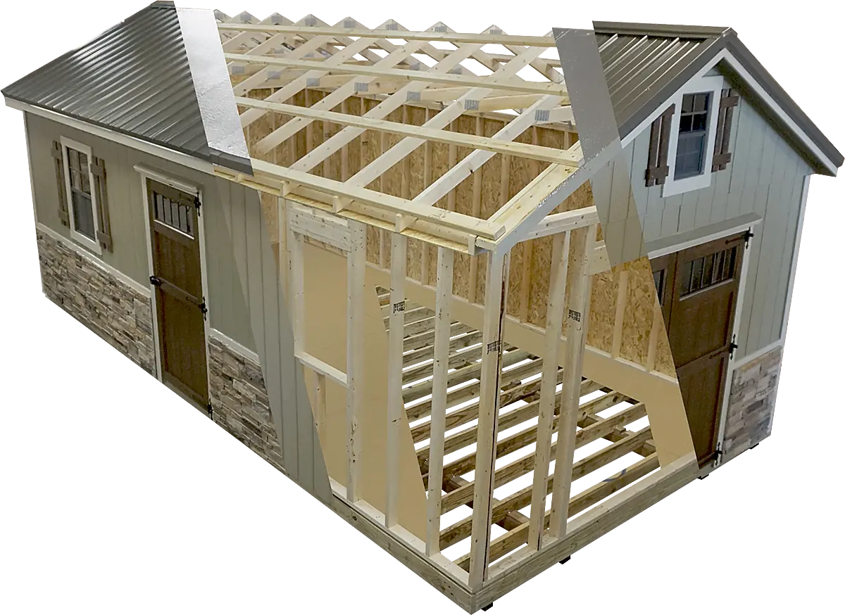 Cutaway view of a shed showing framing, exterior siding, roof, and doors.