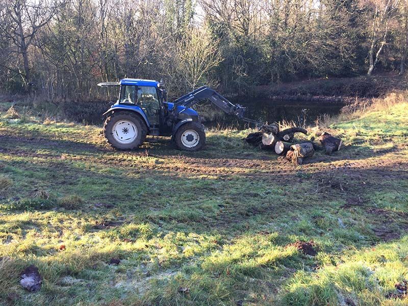 A blue tractor is driving through a grassy field.