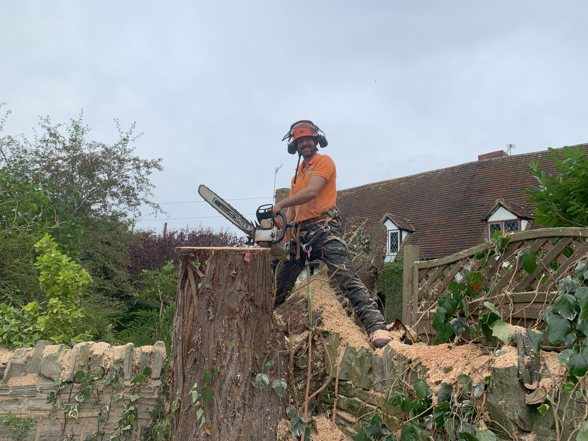 A man is cutting a tree stump with a chainsaw.