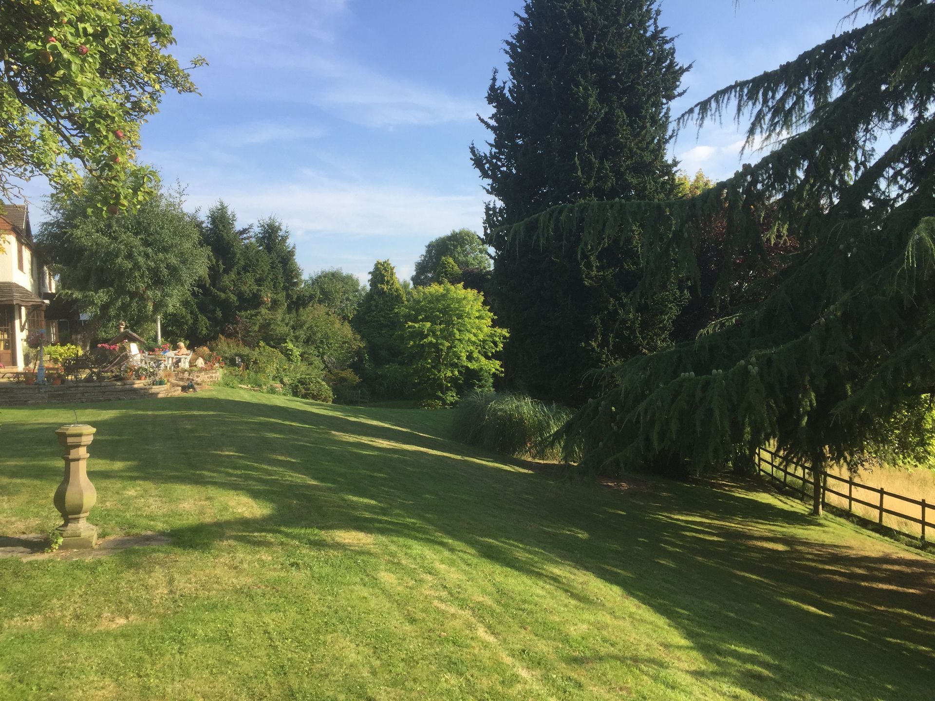 A large lush green lawn with trees and a house in the background.