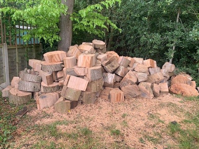 A pile of logs sitting on top of a lush green field.