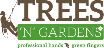 The logo for trees ' n ' gardens shows a man climbing a tree