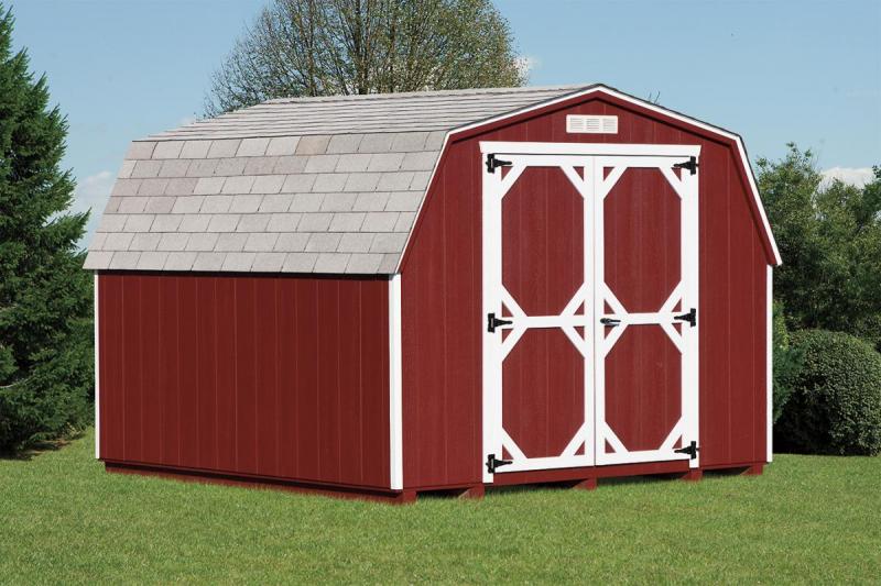 Mini Barn Shed with red wood siding, white trim, a set of double doors, a white rectangular gable vent, and a light gray asphalt roof.